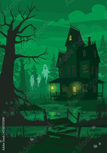 Spooky haunted house with ghosts lurking in a dark