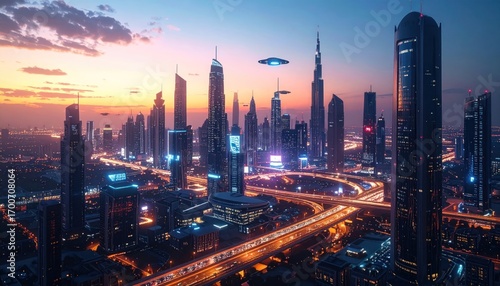 Dubai Skyline at Sunset with Futuristic Flying Object.