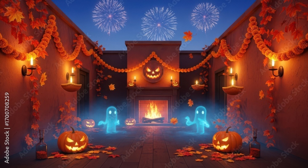 Fototapeta premium Halloween decorated room with pumpkins, ghosts, candles, and fireworks in the night sky