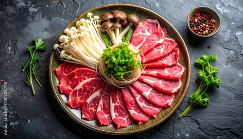 Raw beef and fresh mushrooms prepared for a traditional Asian hotpot meal on a dark background.