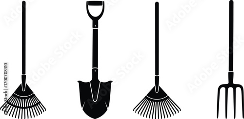 Black silhouette vector illustration of gardening tools including rake, shovel, and pitchfork, simple farming equipment design for agriculture, landscaping, yard work, and soil digging