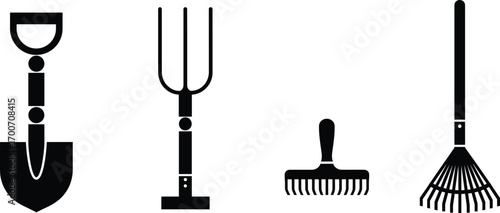 Black silhouette vector of shovel, pitchfork, rake, and garden tools in simple geometric design, farming equipment illustration for agriculture, gardening, landscaping, and soil work