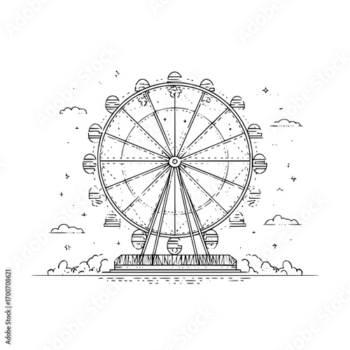Ferris wheel illustration line art drawing amusement park ride fairground attraction black and white sketch design
