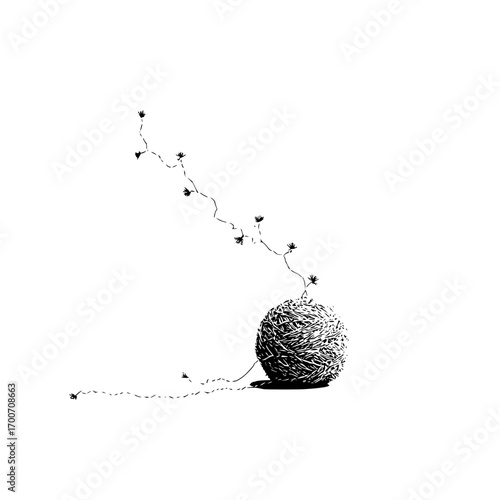 Black and white yarn ball illustration with string and flower buds minimalist drawing style art design