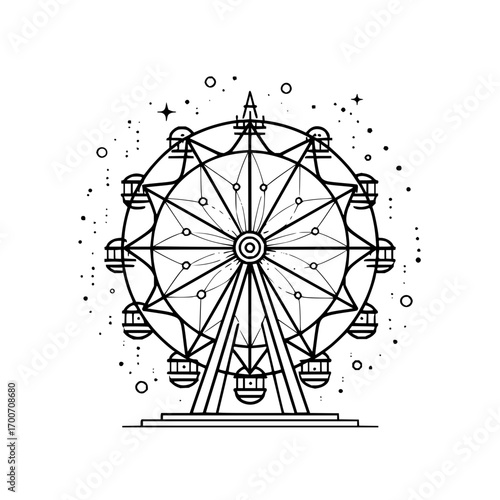 Ferris wheel vector illustration, amusement park attraction, carnival ride outline, fairground design element