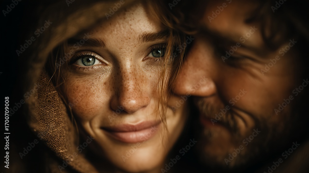 Fototapeta premium Intimate Moment Between Two People with Freckles and Warm Smiles in Soft Lighting