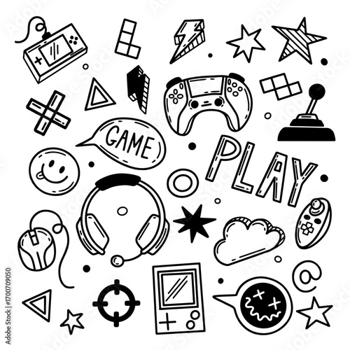 Vector video game hand drawn doodle set. Video gamer console, joystick, controller ellement. Perfect for video game-themed project.