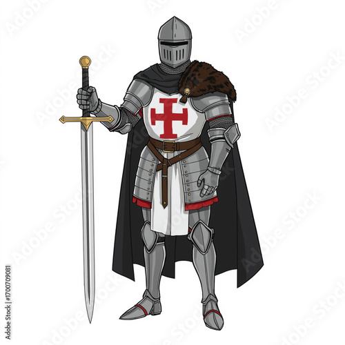 Brave medieval knight standing with a full suit of armor and holding a sword weapon on a white background
