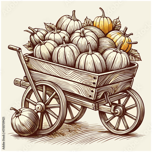 Antique Wagon Loaded With Fresh Pumpkins And A Rolling Gourd
