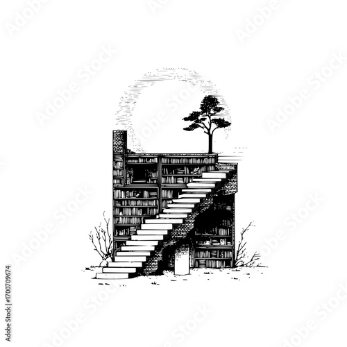 Bookshelf staircase leading to tree illustration black and white ink drawing design concept art print 100