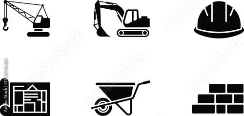 Construction equipment silhouette vector set with crane, excavator, safety helmet, blueprint plan, wheelbarrow, and brick wall icons for industry design