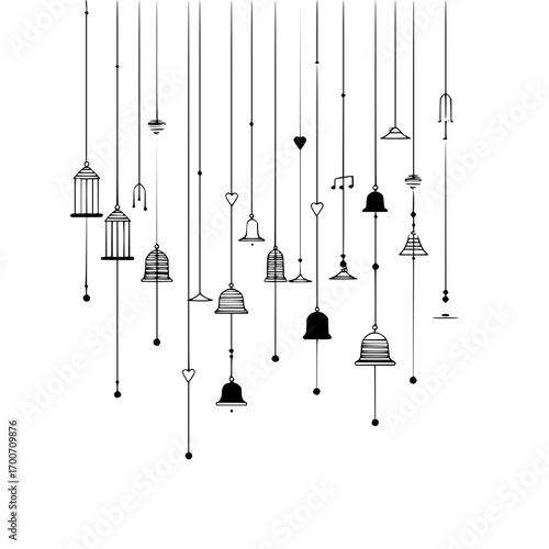 Hanging decorative ornaments vector design, decorative bells and cages vector art, black and white line art