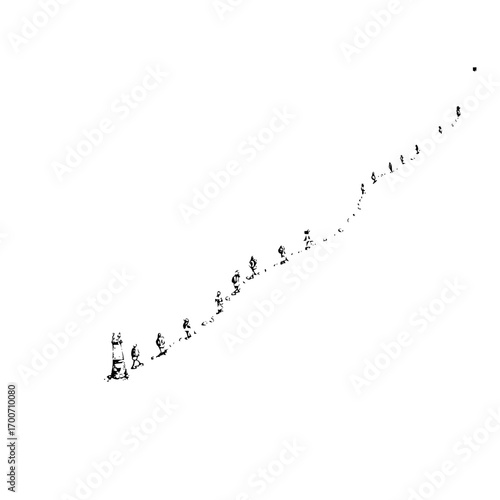 Illustration of people walking away from a lighthouse on a path towards a distant point horizon view