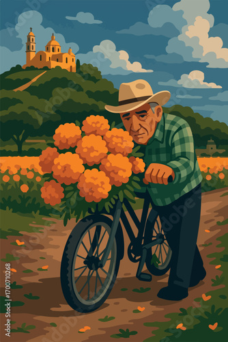 Campesino latino con su bicilceta y flores para el dia de muertos