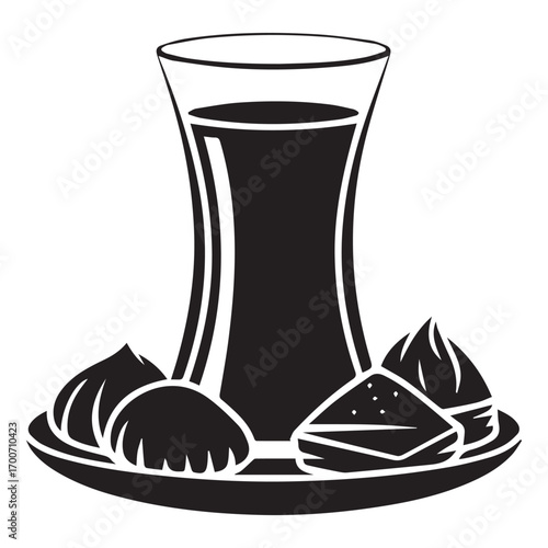 Black and white illustration of a traditional turkish tea glass filled with dark liquid surrounded by assorted sweet pastries on a small plate