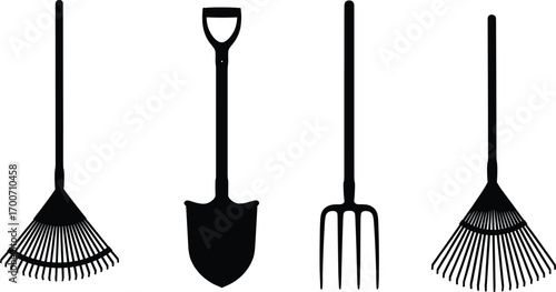 Full black silhouette vector illustration of gardening tools including rake, shovel, and pitchfork, simple bold design for agriculture, landscaping, and yard work