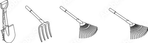Outline vector illustration of gardening tools including shovel, pitchfork, and rakes, simple line-art drawing for farming, landscaping, yard work, and agriculture
