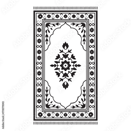 Elegant black and white islamic prayer rug with intricate floral and geometric patterns and decorative border
