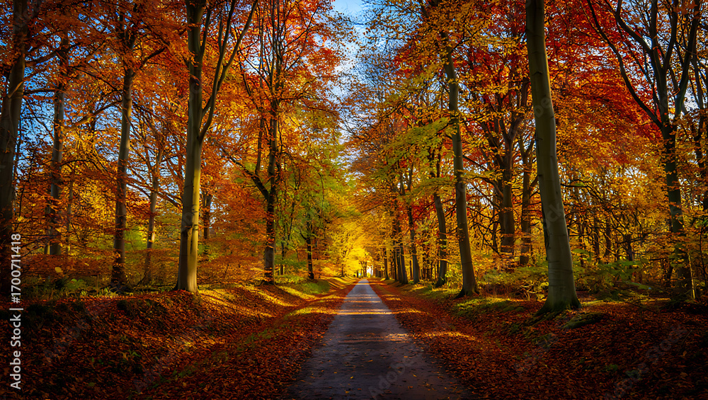 Fototapeta premium A winding path through a vibrant forest ablaze with the fiery hues of autumn foliage under a clear blue sky