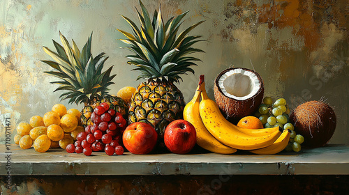 Still Life of Tropical Fruits: A bountiful display of tropical fruits sits artfully arranged, bursting with vibrant colors and textures, and exuding the essence of freshness and the tropics.
