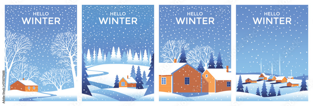 Obraz premium Vector Set of 4 winter season landscapes. Snow covered trees in the first plan and houses on the edge of the forest under the snow in the background. Trendy handmade drawing vector illustration.