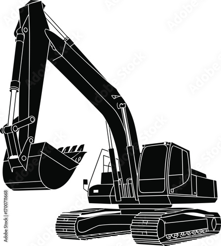 Silhouette vector of excavator heavy construction machinery with large digging bucket, crawler tracks, and detailed industrial design, equipment for building and construction projects illustration