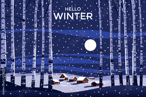 Winter vector landscape, nature panorama with birch trees under snow in the foreground, rural houses, forest and flying snowflakes in the background. Can be used for gifts, banners, book covers etc.