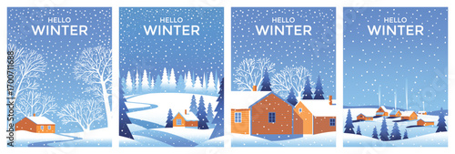 Vector Set of 4 winter season landscapes. Snow covered trees in the first plan and houses on the edge of the forest under the snow in the background. Trendy handmade drawing vector illustration.