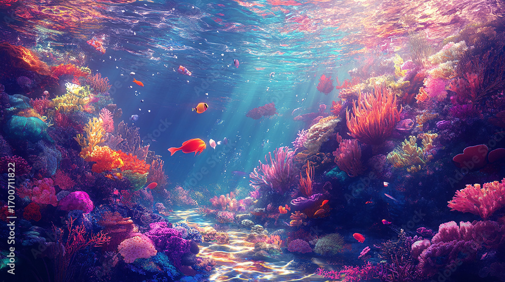 Fototapeta premium Vibrant Underwater Reef: A kaleidoscopic underwater scene teems with life, featuring a flourishing coral reef, colorful fish darting amidst the textured formations, all bathed in the soft.
