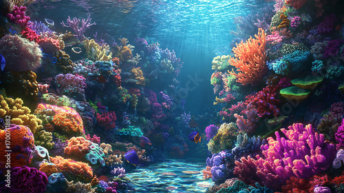 Undersea Coral Garden: An eye-level shot of a vibrant, flourishing coral reef. The stunning colours, varied shapes, and marine life showcase the beauty of underwater ecology.