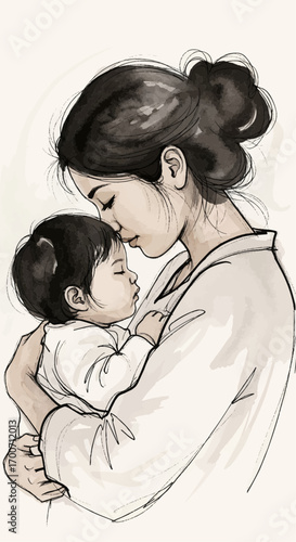 A tender illustration of a loving mother gently holding her sleeping baby close to her heart.