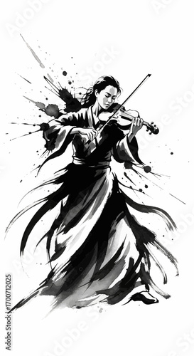 A dynamic ink wash illustration of a woman in a flowing robe passionately playing the violin.