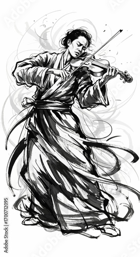A Japanese samurai in a traditional kimono passionately playing the violin, rendered in a dynamic black and white ink wash style.