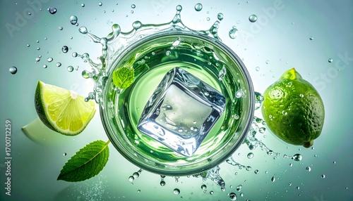 Cocktail with lime and mint splashing in a glass. A refreshing cold drink with an ice cube seen from above on a green background.