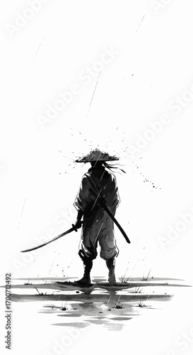 A solitary samurai warrior with a katana stands in the rain, depicted in a minimalist black and white ink wash style.