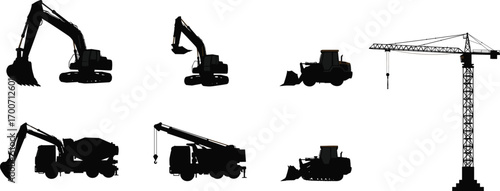 Silhouettes of excavators, bulldozers, cement mixer truck, crane truck, and tower crane, heavy industrial construction machinery vehicles equipment vector illustration design