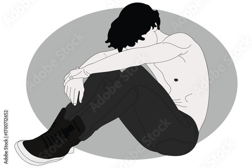Minimalist vector illustration of a pensive young man sitting with knees drawn up, shirtless with dark pants and sneakers, isolated on grey background.