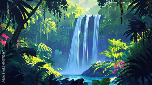 Jungle Cascade: A vibrant waterfall cascading into a serene pool, framed by lush green foliage and bathed in the soft glow of sunlight, evoking a sense of peace and wonder.