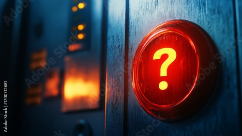 Bright red question mark button illuminated in a dark elevator, prompting curiosity and intrigue at late night