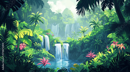 Paradise Falls: A vibrant illustration of a lush, tropical rainforest teeming with exotic flora, featuring cascading waterfalls, offering a visual symphony of nature's grandeur.