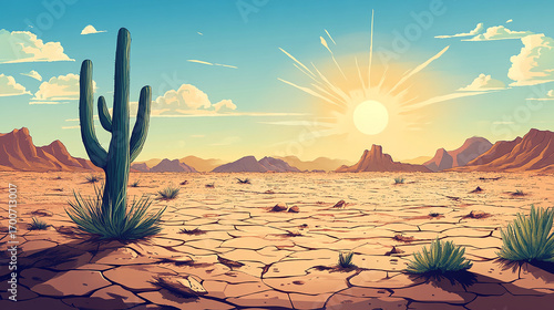 Desert Landscape with Saguaro: This illustration captures the stark beauty of a desert landscape under a brilliant sun, featuring a majestic saguaro cactus and vast expanse of cracked earth.