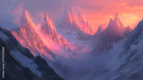 Majestic Mountain Vista: The dramatic sunrise paints the snow-capped mountain peaks with vibrant hues, creating a breathtaking landscape. 