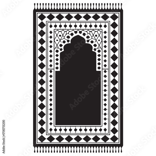 Ornate black and white islamic prayer rug with traditional geometric patterns and archway design