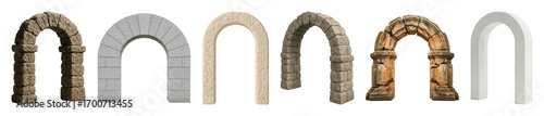 Arch set including stone, concrete, ancient, and modern variations isolated. Architectural design and construction elements.