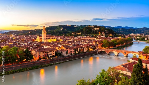 Panoramic view of a city at sunset over a river