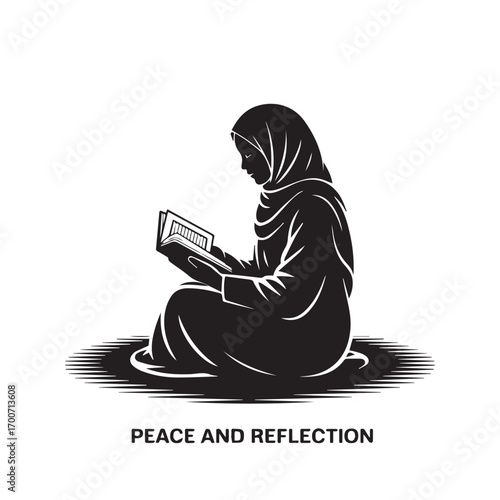 Silhouette of a muslim woman wearing a hijab reading a book in a peaceful and contemplative pose on a prayer mat