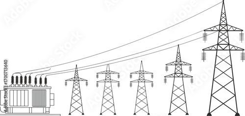 Electric transformer station, high voltage transmission towers, power distribution grid, energy infrastructure system, electricity utility industry, cad drawing flat vector illustration