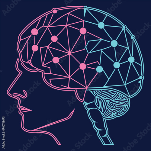 Outline of a Human Head with Pink and Cyan Brain Network Keywords: human, head, profile, outline