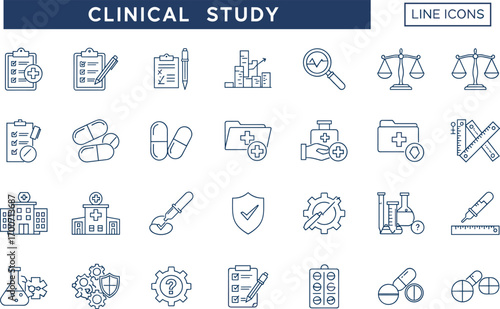 Vector illustration of clinical study line icons collection including healthcare research, laboratory analysis, medicine, hospital, medical testing, pharmaceutical science, and doctor symbols