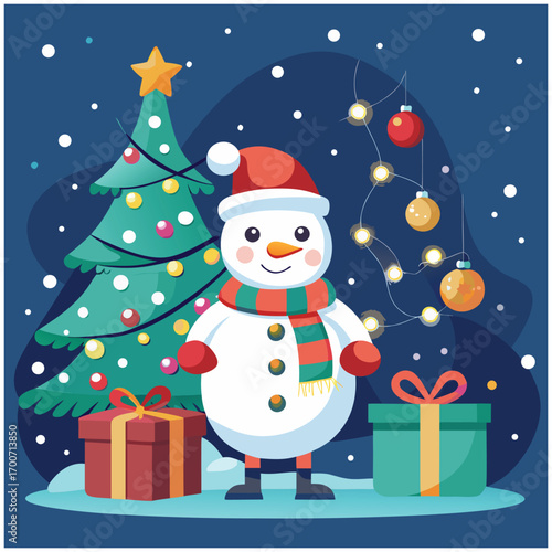 Cheerful snowman with Christmas tree and gifts on snowy night